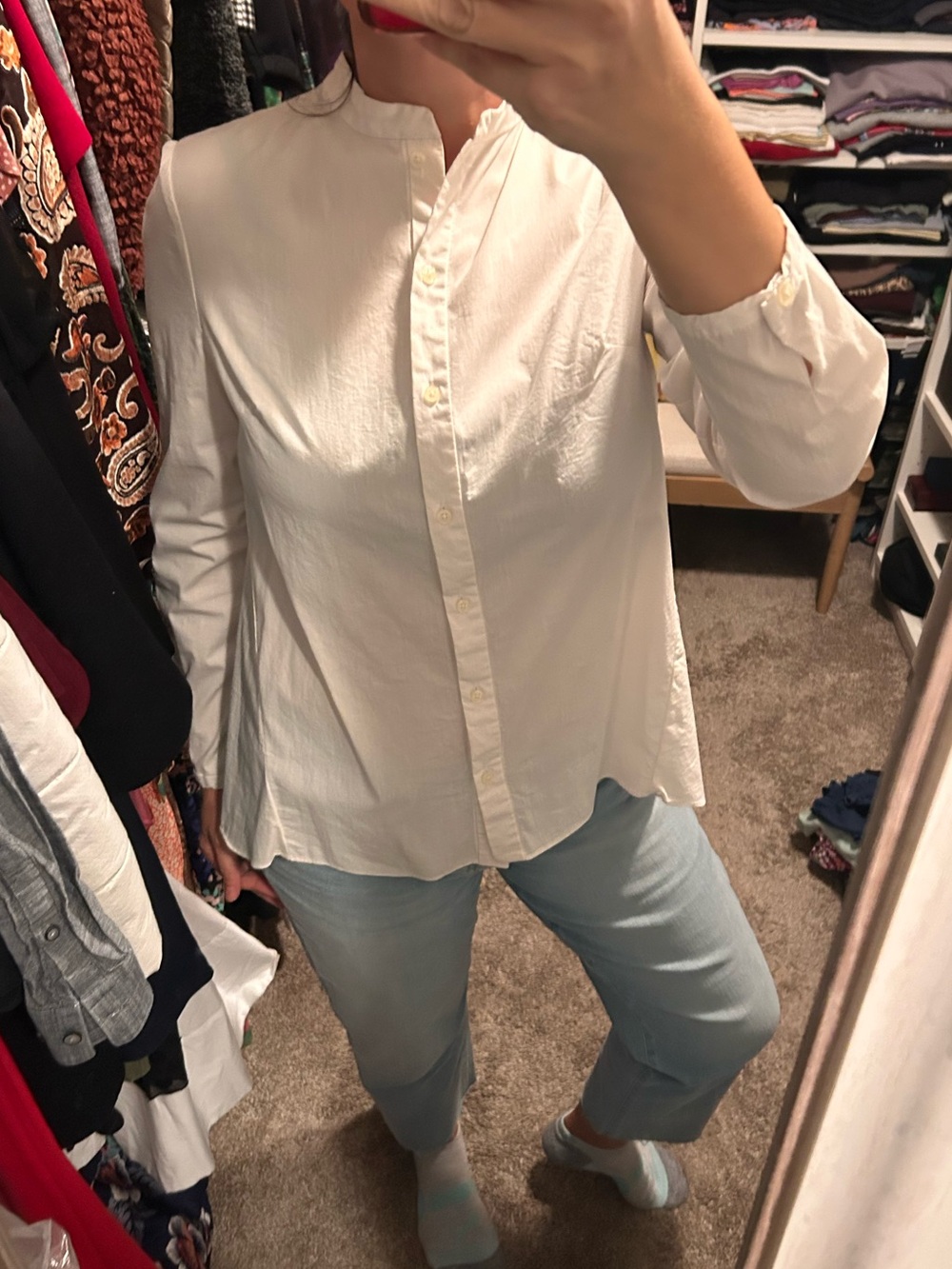 Tahari white Longline Button-Down Shirt with Mandarin Neck